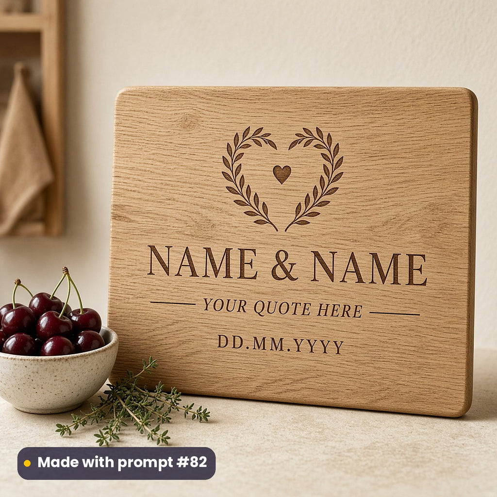 Oak chopping board engraved with a leafy heart above NAME & NAME, YOUR QUOTE HERE and DD.MM.YYYY placeholder text, beside cherries, made with prompt #82