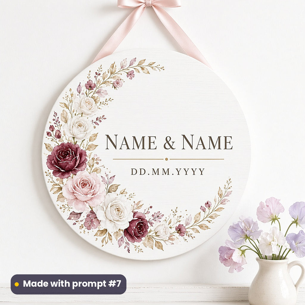 Round white plaque on a pink ribbon printed with watercolour roses around NAME & NAME and DD.MM.YYYY placeholder text, made with prompt #7