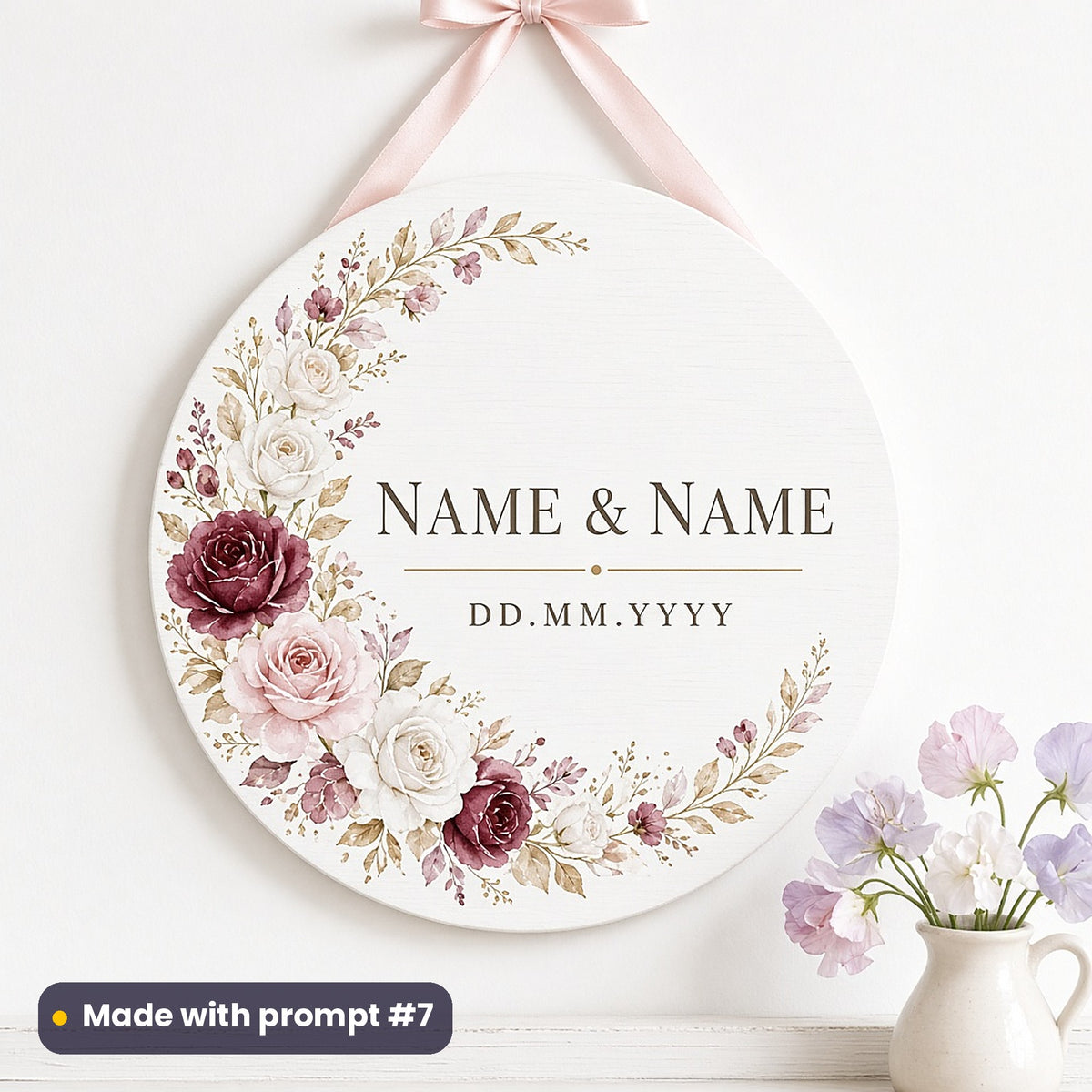 Round white plaque on a pink ribbon printed with watercolour roses around NAME & NAME and DD.MM.YYYY placeholder text, made with prompt #7