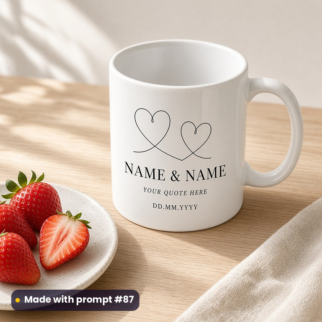 White mug printed with fine line-art hearts above NAME & NAME, YOUR QUOTE HERE and DD.MM.YYYY placeholder text, beside strawberries, made with prompt #87