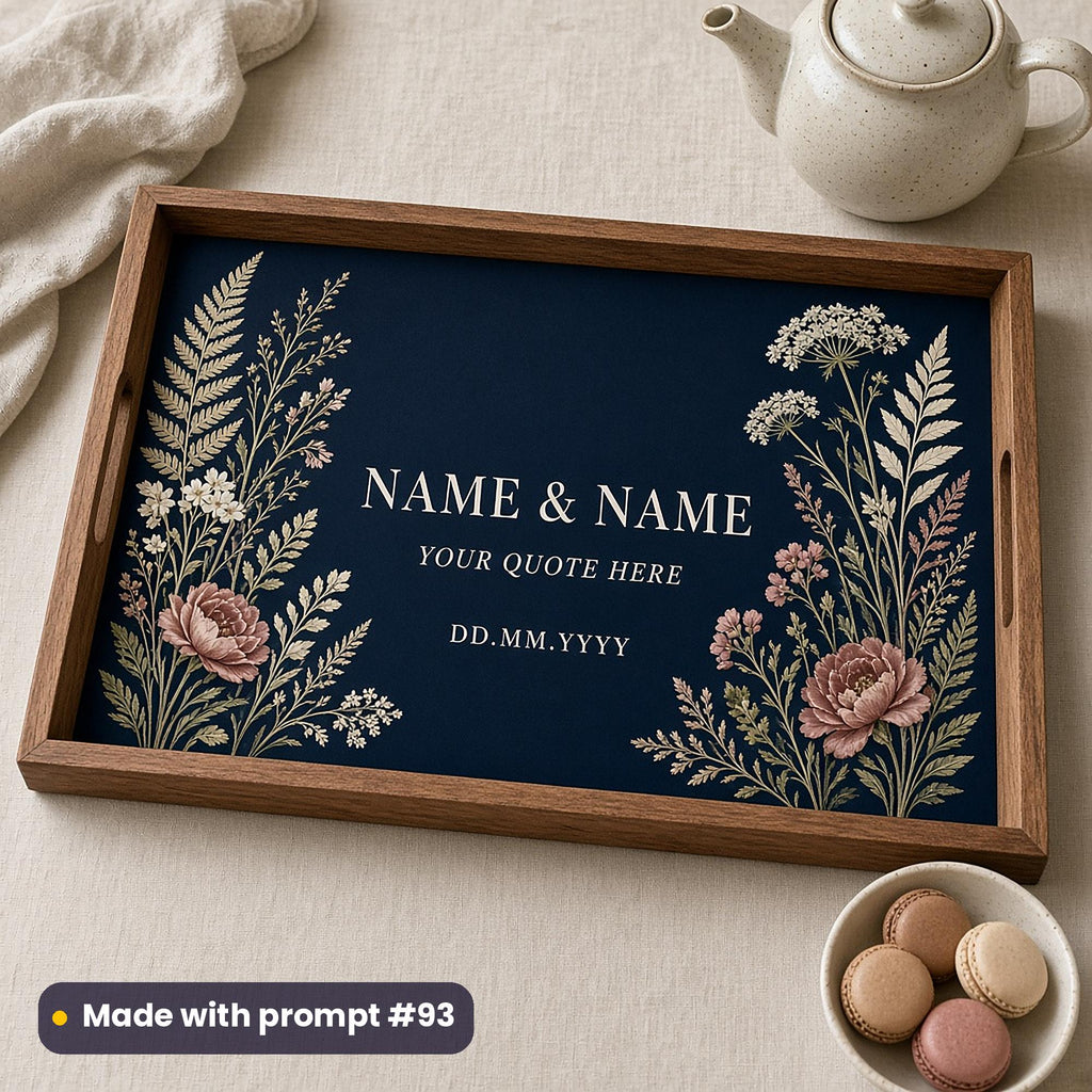 Wooden tray printed with pressed flowers and ferns on midnight blue around NAME & NAME, YOUR QUOTE HERE and DD.MM.YYYY placeholder text, made with prompt #93