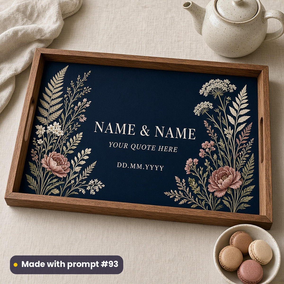 Wooden tray printed with pressed flowers and ferns on midnight blue around NAME & NAME, YOUR QUOTE HERE and DD.MM.YYYY placeholder text, made with prompt #93