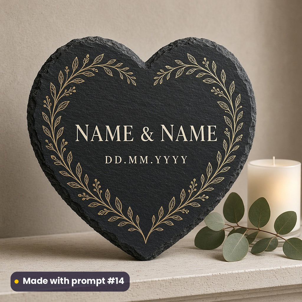 Heart-shaped slate sign printed with a gold botanical border around NAME & NAME and DD.MM.YYYY placeholder text, on a mantelpiece, made with prompt #14