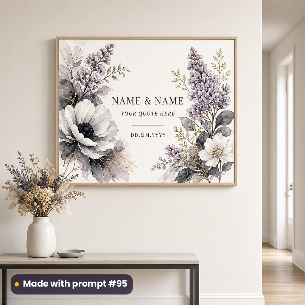 Framed wall art of painterly anemones and lilac around NAME & NAME, YOUR QUOTE HERE and DD.MM.YYYY placeholder text, in a hallway, made with prompt #95