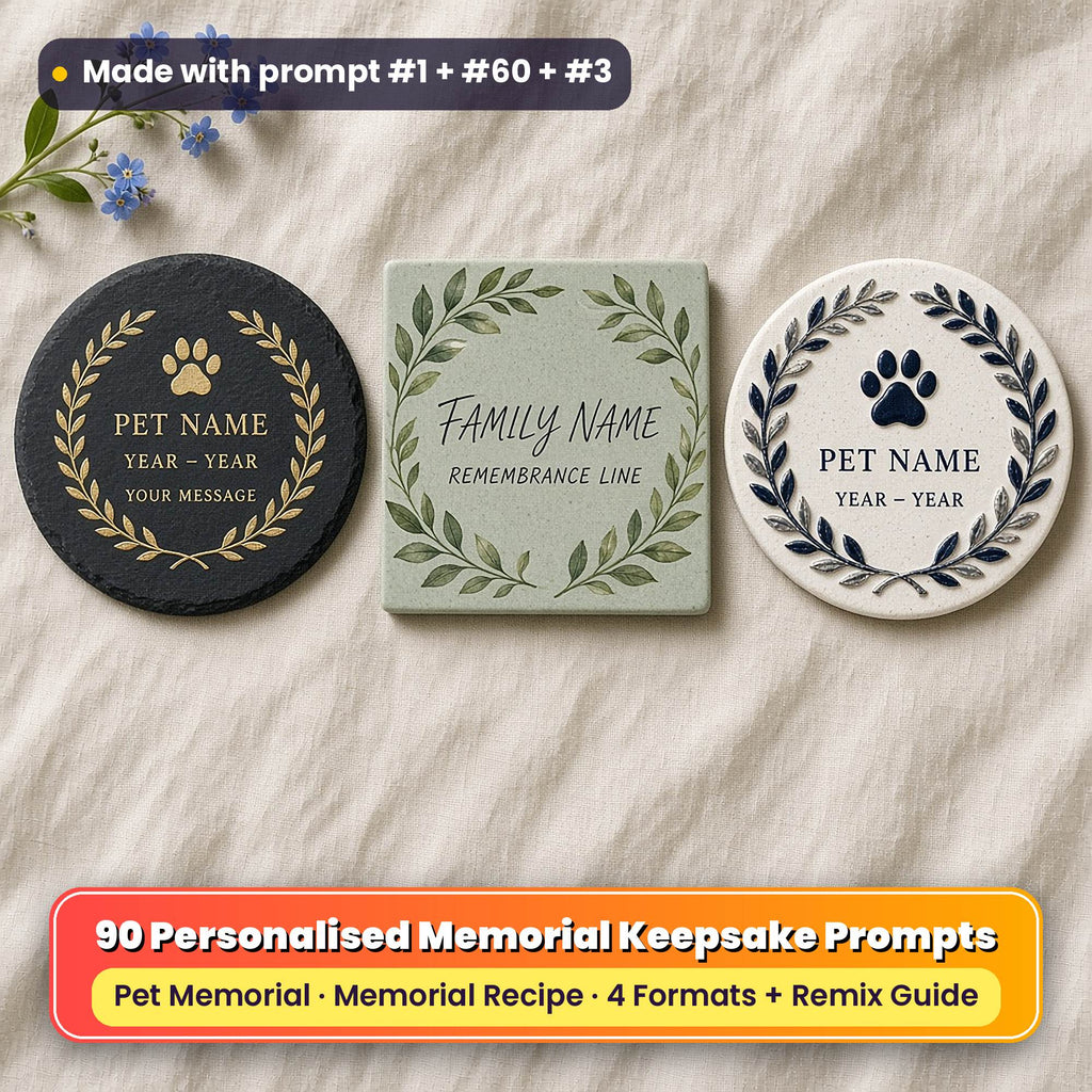 Three personalised memorial keepsake coasters on soft linen with forget-me-nots: a slate coaster with a gold laurel and paw print, a sage square coaster with a leaf garland and handwritten-style script and a white ceramic coaster with a sapphire leaf relief and paw print, reading PET NAME, YEAR – YEAR, YOUR MESSAGE, FAMILY NAME and REMEMBRANCE LINE as placeholder text, made with prompt #1 + #60 + #3