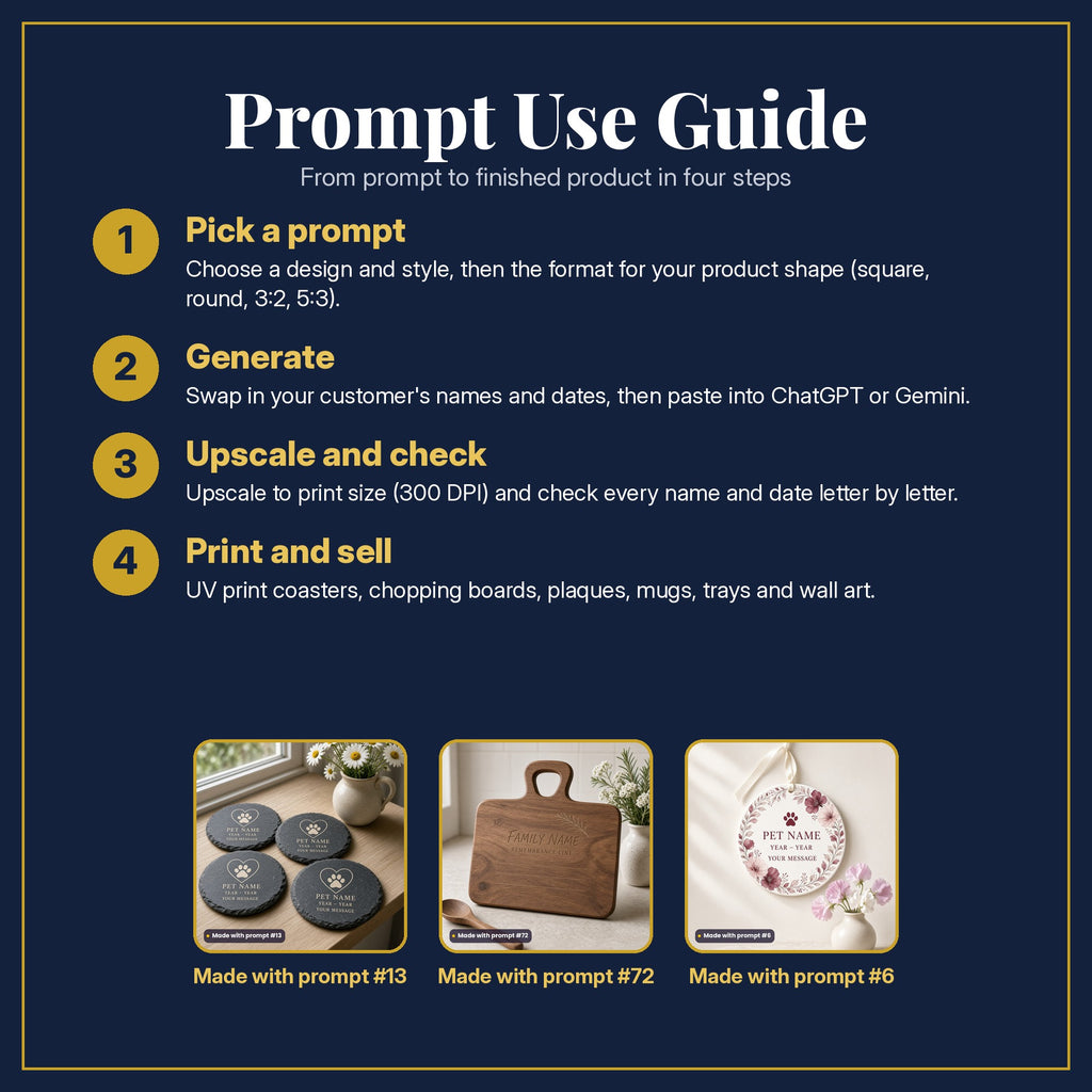 Prompt Use Guide in four steps: pick a prompt, generate, upscale and check, print and sell, with example products made with prompt #13, prompt #72, prompt #6