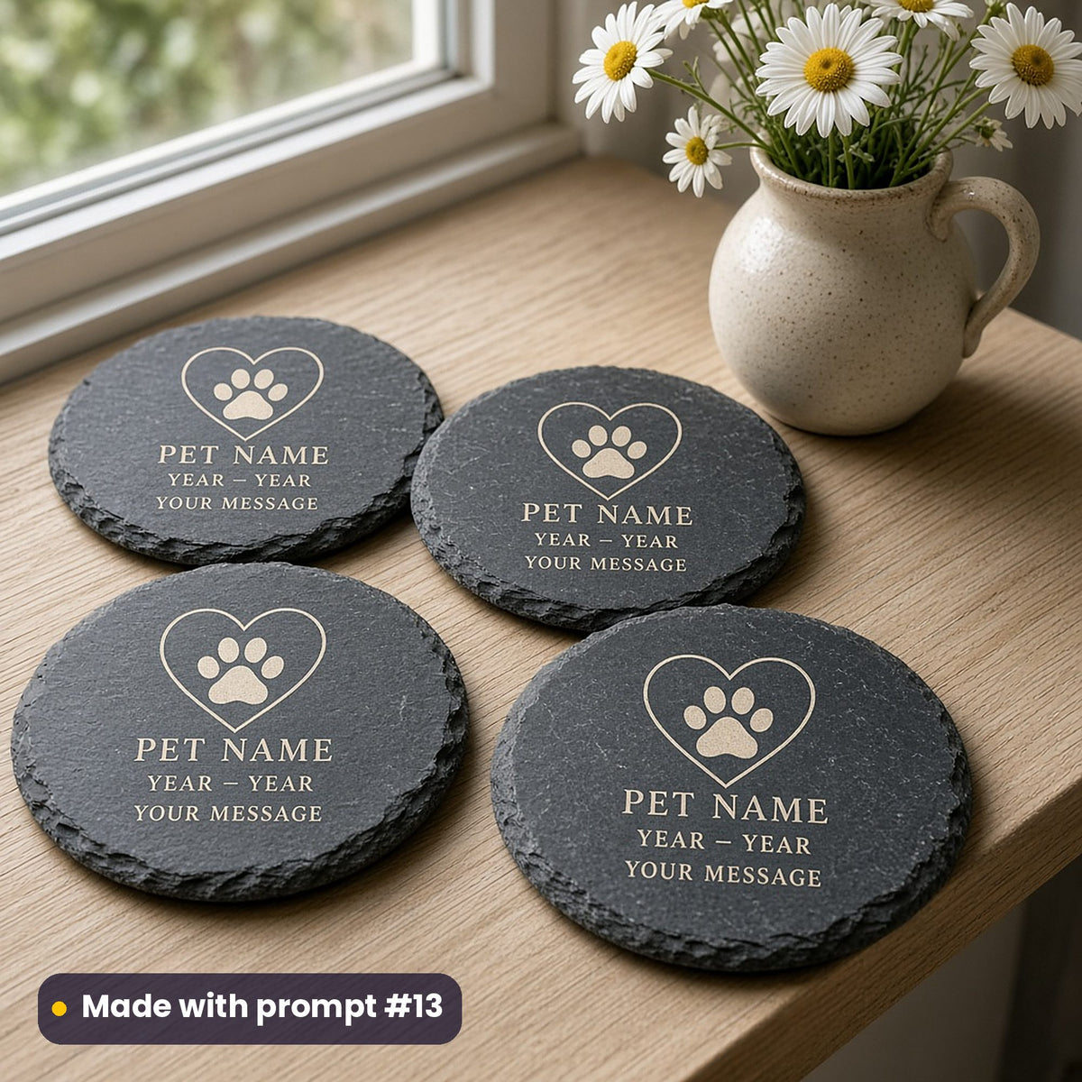 Four round slate coasters printed in ivory with a paw print in a heart above PET NAME, YEAR – YEAR and YOUR MESSAGE placeholder text, on a windowsill beside daisies, made with prompt #13