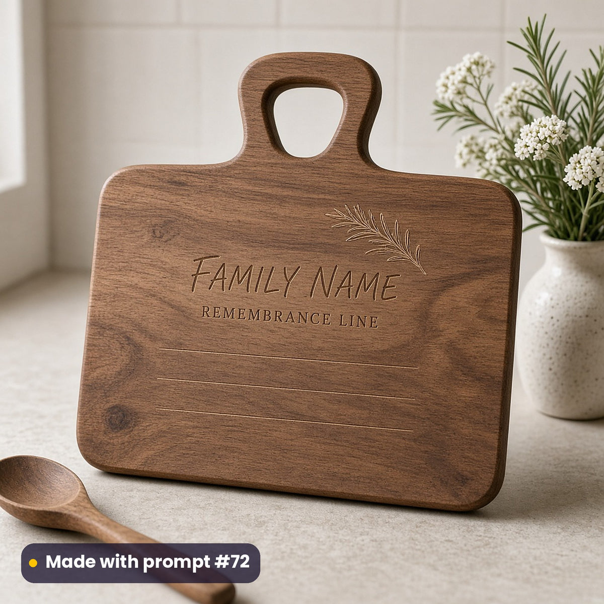Walnut keepsake board engraved in handwritten recipe-card style with a rosemary sprig, FAMILY NAME and REMEMBRANCE LINE placeholder text, beside a wooden spoon, made with prompt #72
