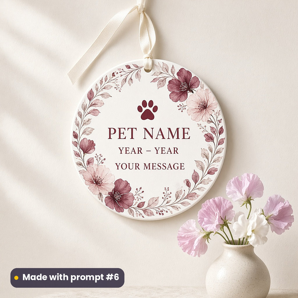 Round white plaque on a cream ribbon printed with soft watercolour flowers around a paw print, PET NAME, YEAR – YEAR and YOUR MESSAGE placeholder text, above sweet peas, made with prompt #6