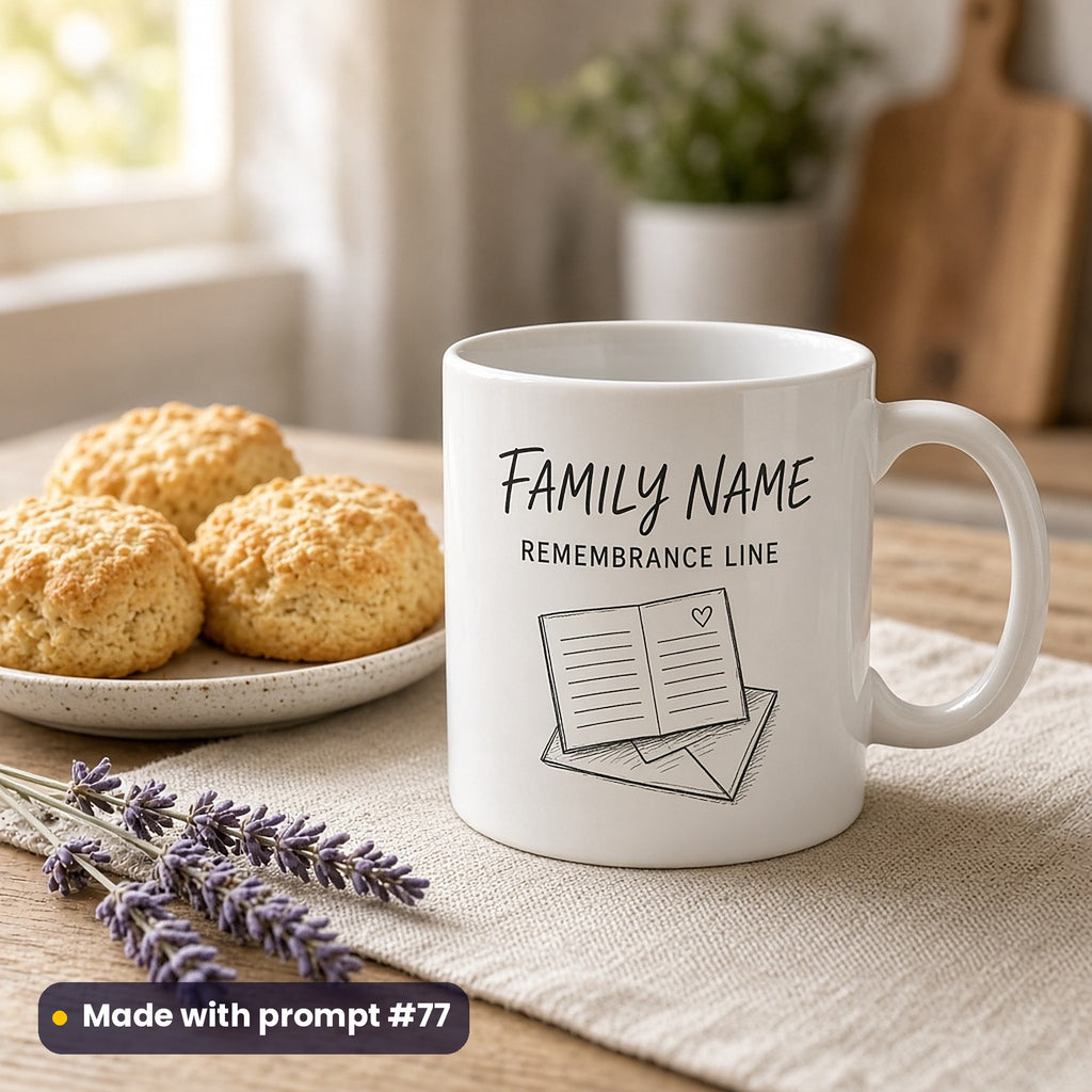 White mug printed with handwritten-style FAMILY NAME and REMEMBRANCE LINE placeholder text above a line-art recipe book and heart, beside scones and lavender, made with prompt #77