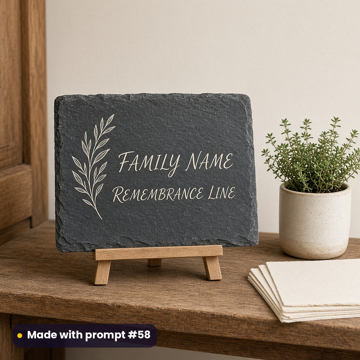 Slate keepsake sign on an easel printed in ivory with a leaf sprig and handwritten-style FAMILY NAME and REMEMBRANCE LINE placeholder text, beside thyme, made with prompt #58