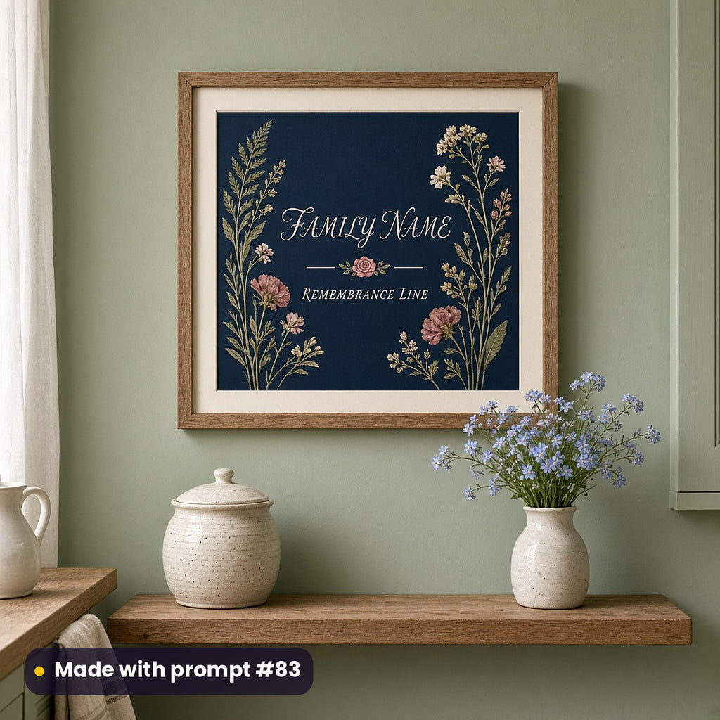 Framed wall art of pressed herbs and flowers on midnight blue around handwritten-style FAMILY NAME and REMEMBRANCE LINE placeholder text, above forget-me-nots, made with prompt #83