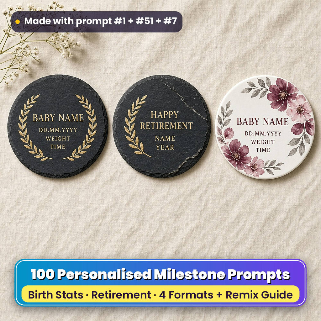 Three personalised milestone coasters on linen: a slate coaster with a gold laurel wreath, a slate coaster with a gold laurel sprig and a white ceramic coaster with burgundy watercolour flowers, reading BABY NAME, DD.MM.YYYY, WEIGHT, TIME, HAPPY RETIREMENT, NAME and YEAR as placeholder text, made with prompt #1 + #51 + #7