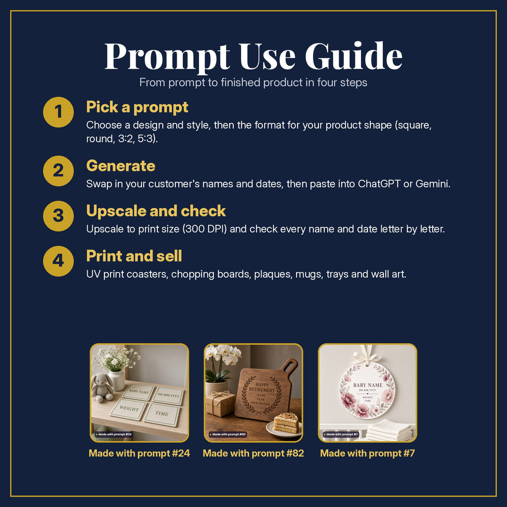 Prompt Use Guide in four steps: pick a prompt, generate, upscale and check, print and sell, with example products made with prompt #24, prompt #82, prompt #7