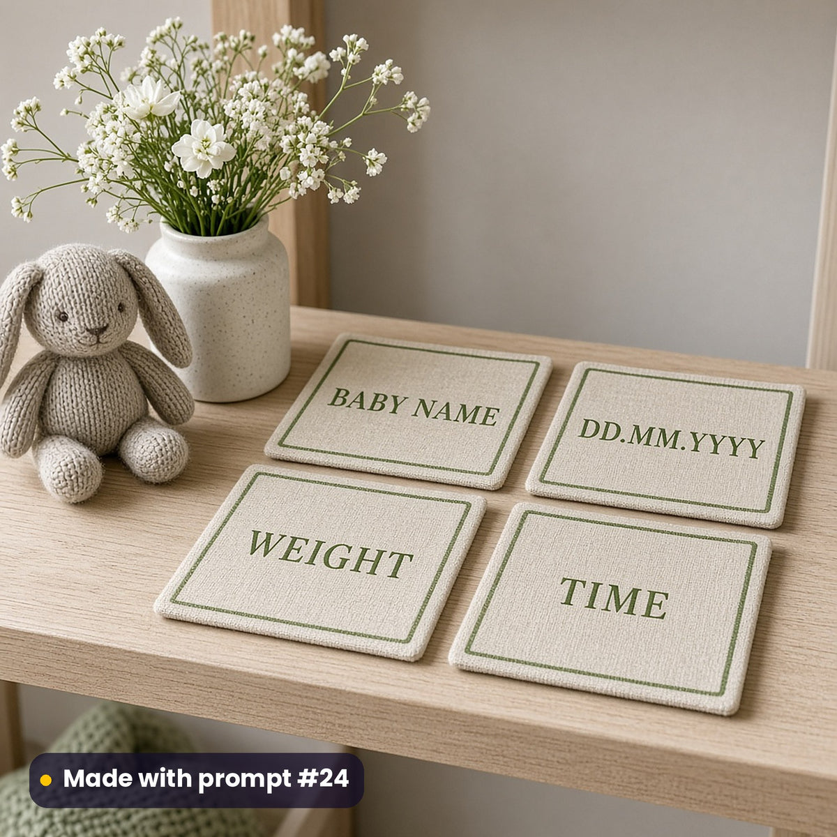 Four square linen-textured coasters with moss green gallery-style BABY NAME, DD.MM.YYYY, WEIGHT and TIME placeholder text, on a nursery shelf beside a knitted bunny, made with prompt #24