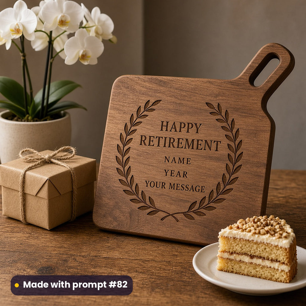 Walnut board engraved with a laurel wreath around HAPPY RETIREMENT, NAME, YEAR and YOUR MESSAGE placeholder text, beside an orchid, a gift and cake, made with prompt #82