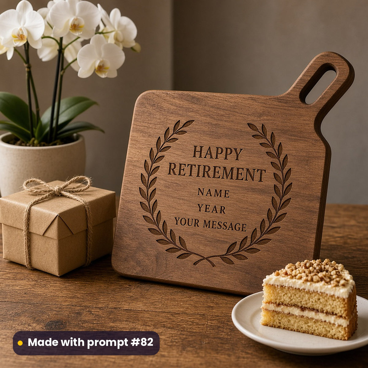 Walnut board engraved with a laurel wreath around HAPPY RETIREMENT, NAME, YEAR and YOUR MESSAGE placeholder text, beside an orchid, a gift and cake, made with prompt #82