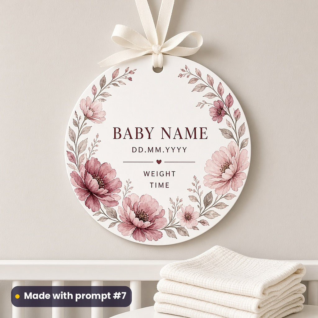 Round white plaque on a cream ribbon printed with burgundy watercolour flowers around BABY NAME, DD.MM.YYYY, WEIGHT and TIME placeholder text, above a cot rail, made with prompt #7
