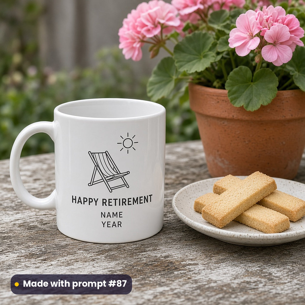 White mug printed with a line-art deckchair and sun above HAPPY RETIREMENT, NAME and YEAR placeholder text, beside geraniums and shortbread, made with prompt #87