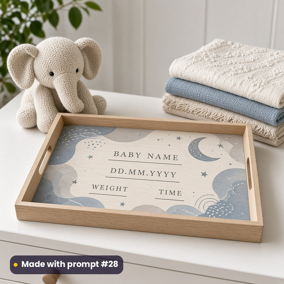 Wooden tray printed in dusty blue with organic shapes, a moon and stars around BABY NAME, DD.MM.YYYY, WEIGHT and TIME placeholder text, beside a knitted elephant, made with prompt #28