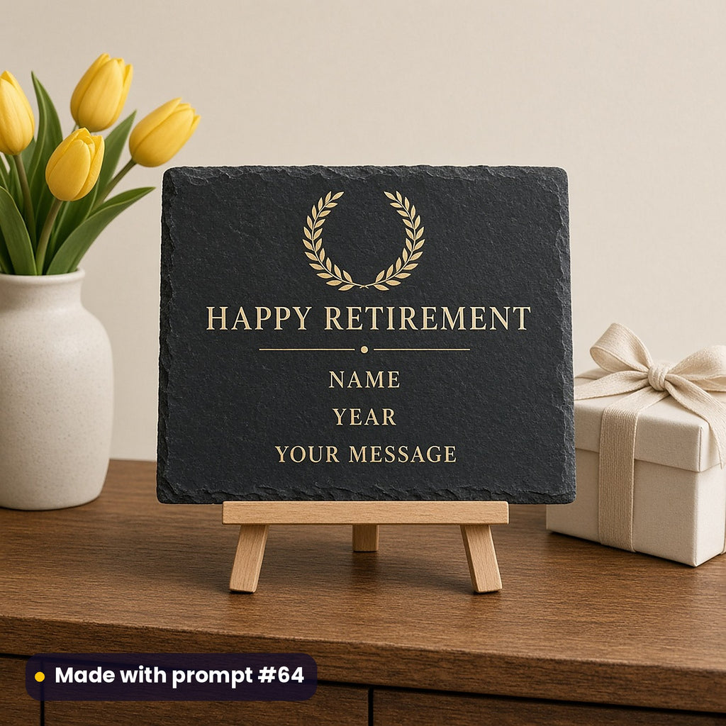 Slate sign on an easel printed in gold with a laurel wreath above HAPPY RETIREMENT, NAME, YEAR and YOUR MESSAGE placeholder text, beside tulips and a gift, made with prompt #64