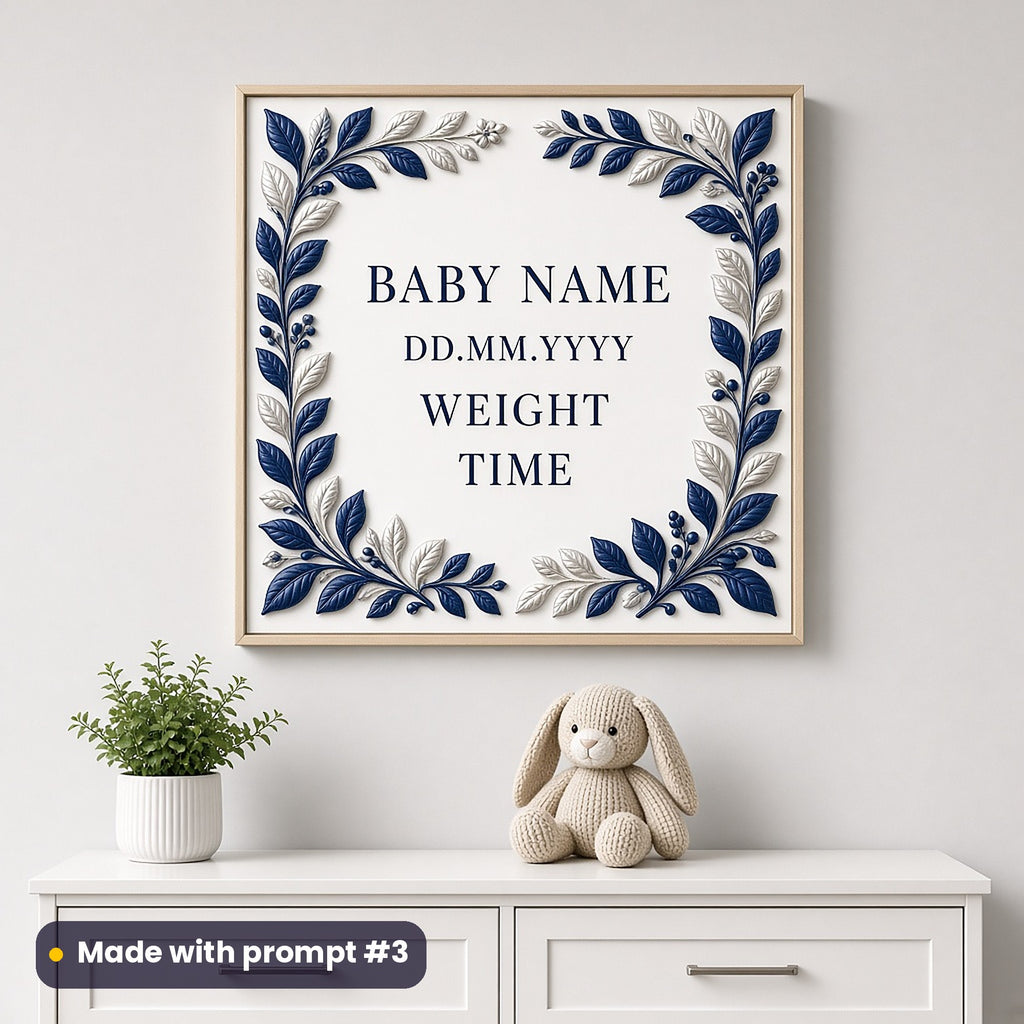 Framed wall art with a sapphire and silver botanical relief border around BABY NAME, DD.MM.YYYY, WEIGHT and TIME placeholder text, above a nursery chest of drawers, made with prompt #3