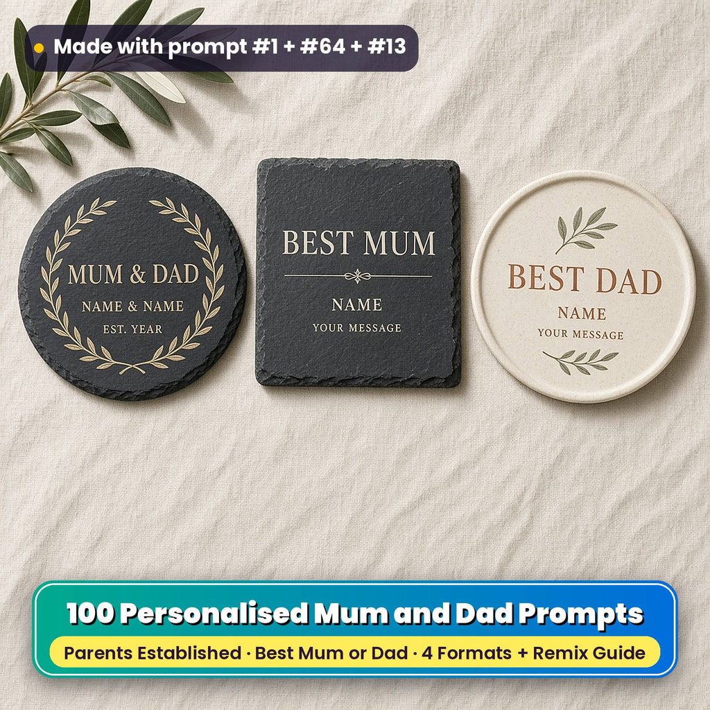 Three personalised parents coasters on linen: a slate coaster with a gold laurel ring, a slate coaster in ivory and mocha and a ceramic coaster with a sage sprig, reading MUM & DAD, NAME & NAME, EST. YEAR, BEST MUM, BEST DAD, NAME and YOUR MESSAGE as placeholder text, made with prompt #1 + #64 + #13