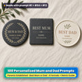 Three personalised parents coasters on linen: a slate coaster with a gold laurel ring, a slate coaster in ivory and mocha and a ceramic coaster with a sage sprig, reading MUM & DAD, NAME & NAME, EST. YEAR, BEST MUM, BEST DAD, NAME and YOUR MESSAGE as placeholder text, made with prompt #1 + #64 + #13
