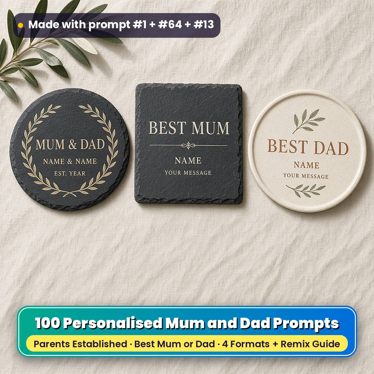 Three personalised parents coasters on linen: a slate coaster with a gold laurel ring, a slate coaster in ivory and mocha and a ceramic coaster with a sage sprig, reading MUM & DAD, NAME & NAME, EST. YEAR, BEST MUM, BEST DAD, NAME and YOUR MESSAGE as placeholder text, made with prompt #1 + #64 + #13