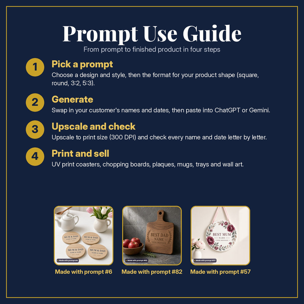 Prompt Use Guide in four steps: pick a prompt, generate, upscale and check, print and sell, with example products made with prompt #6, prompt #82, prompt #57