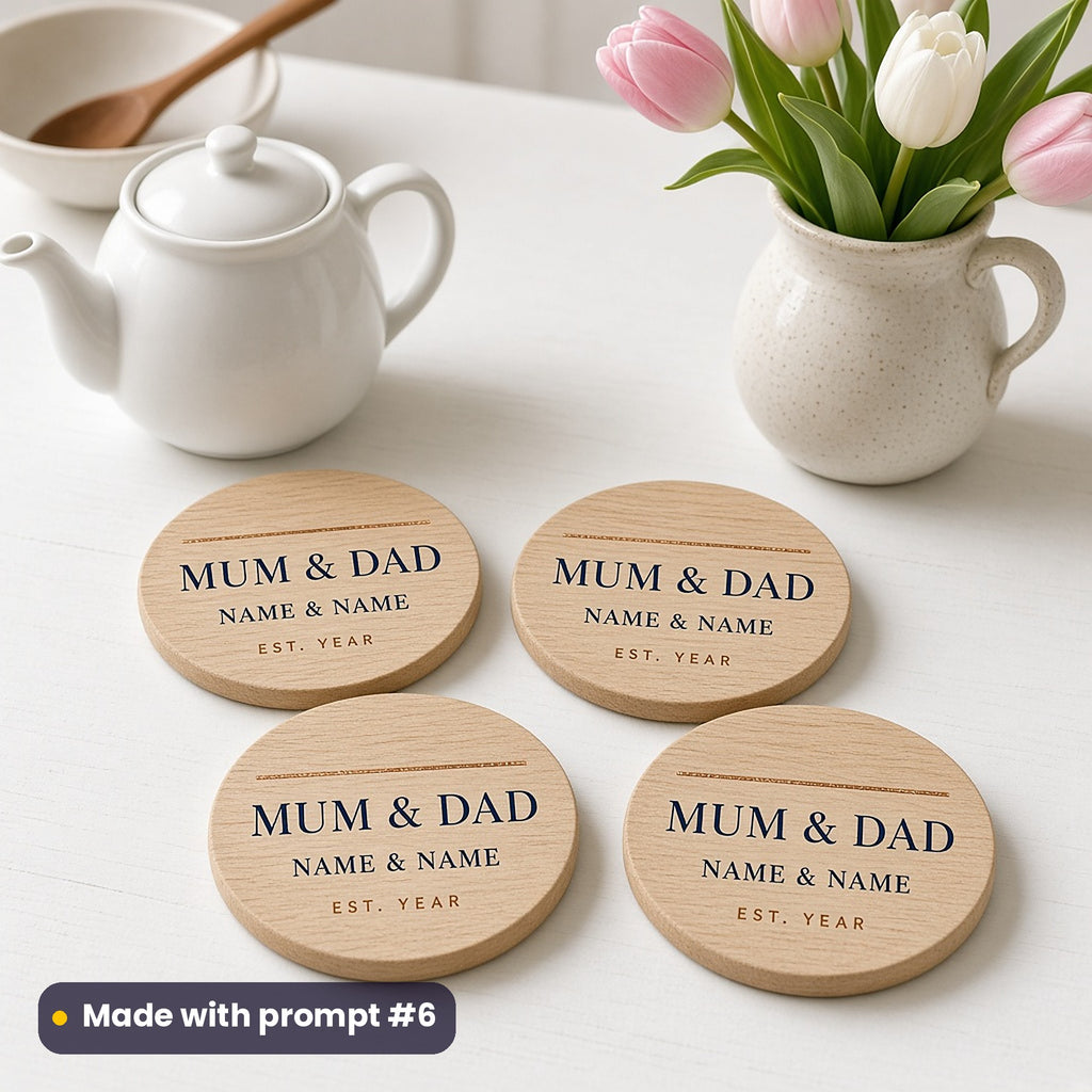 Four round oak coasters printed in navy and copper with MUM & DAD, NAME & NAME and EST. YEAR placeholder text, beside a teapot and tulips, made with prompt #6