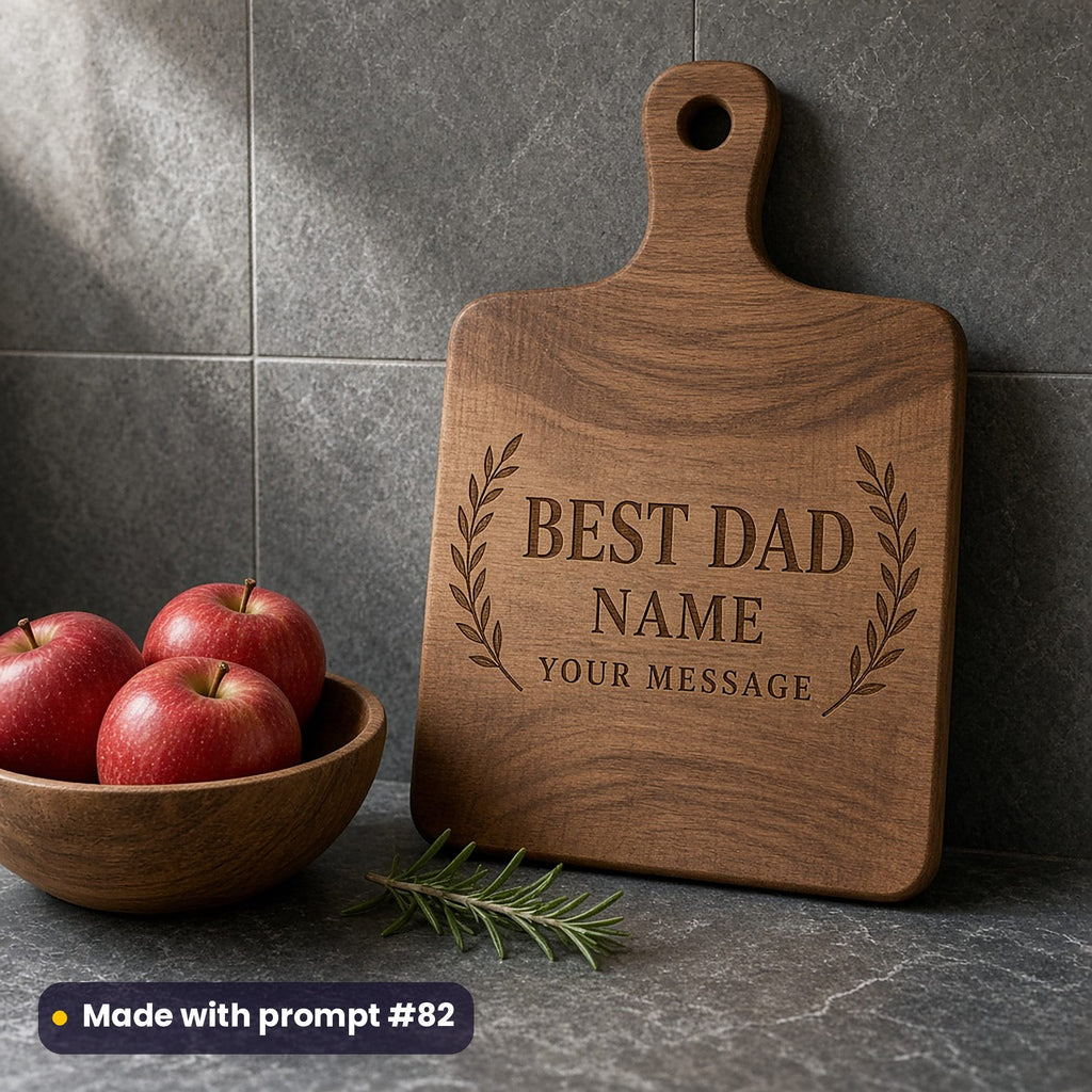 Walnut chopping board engraved with laurel sprigs around BEST DAD, NAME and YOUR MESSAGE placeholder text, beside red apples, made with prompt #82