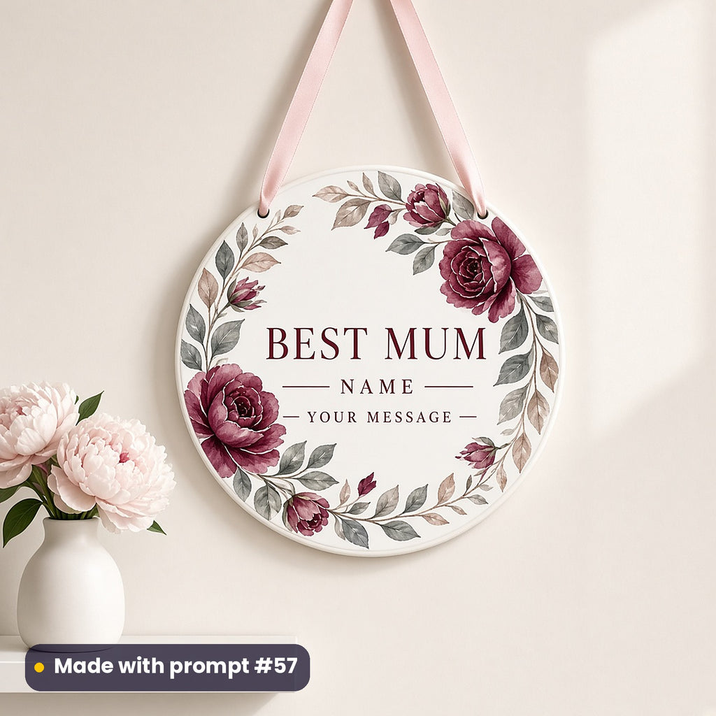 Round white plaque on a blush ribbon printed with burgundy watercolour roses around BEST MUM, NAME and YOUR MESSAGE placeholder text, made with prompt #57