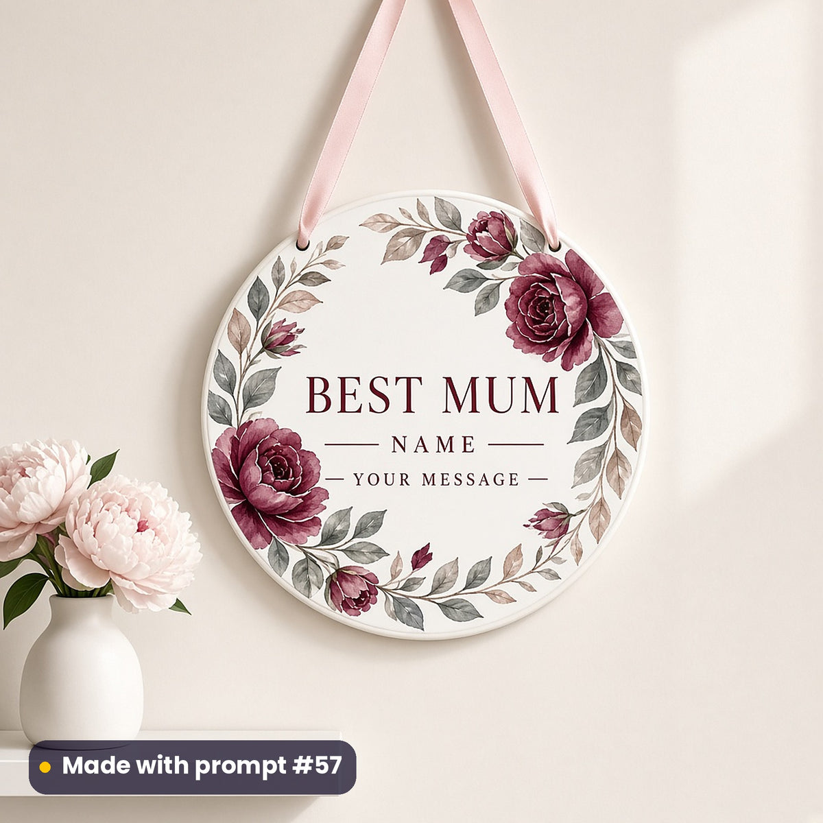 Round white plaque on a blush ribbon printed with burgundy watercolour roses around BEST MUM, NAME and YOUR MESSAGE placeholder text, made with prompt #57