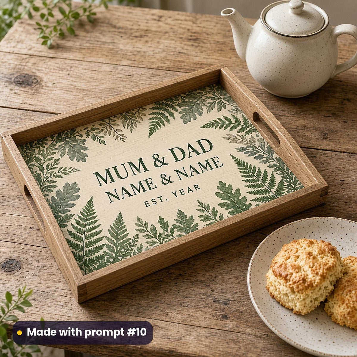 Wooden tray printed with forest green ferns and oak leaves around MUM & DAD, NAME & NAME and EST. YEAR placeholder text, beside scones, made with prompt #10