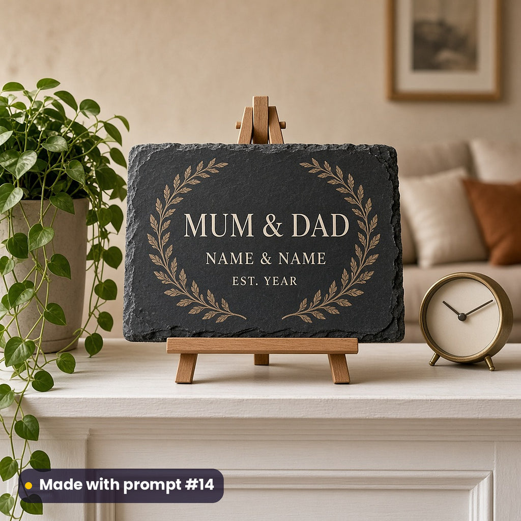 Slate sign on an easel printed in ivory and mocha with a laurel wreath around MUM & DAD, NAME & NAME and EST. YEAR placeholder text, made with prompt #14