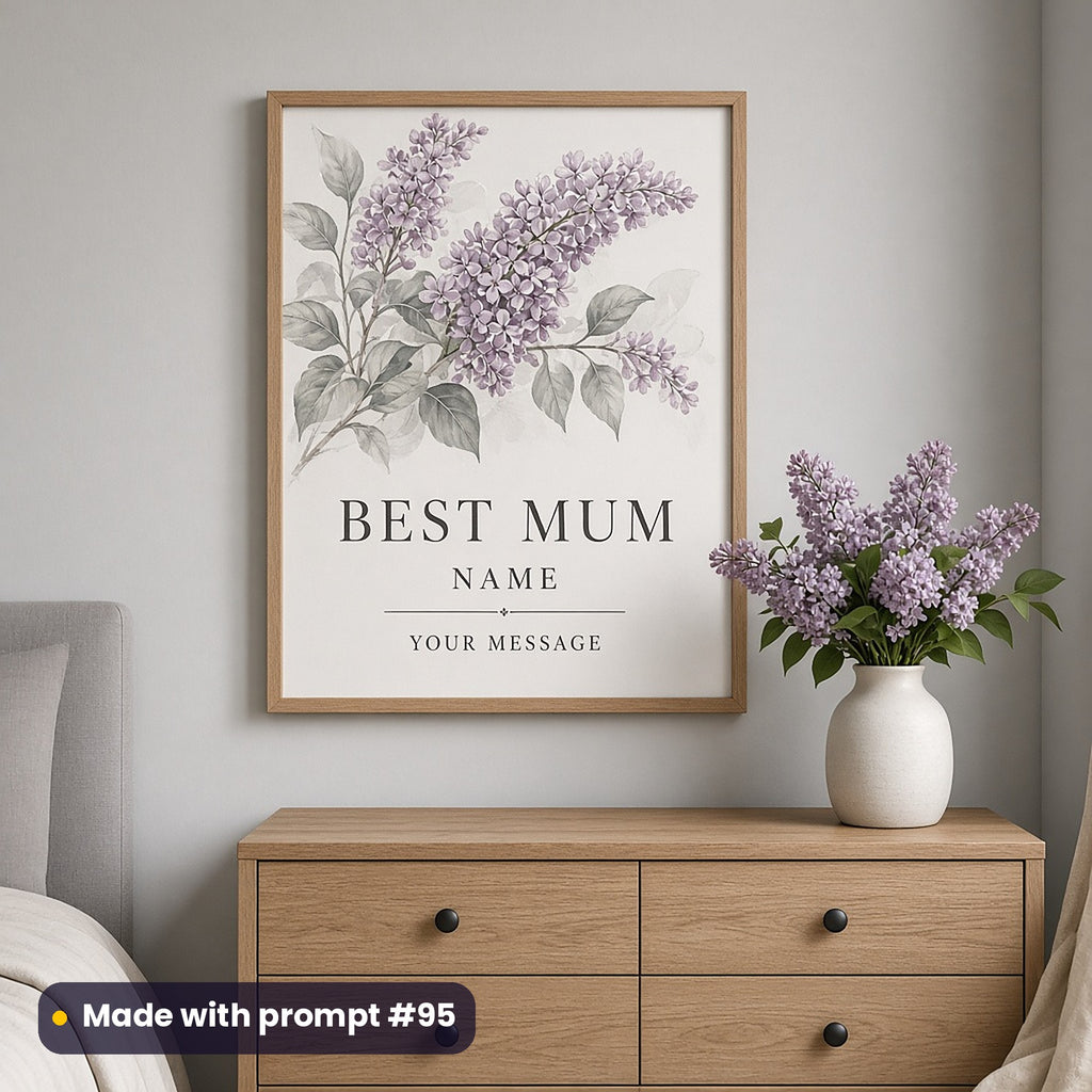Framed wall art of painterly lilac blossoms above BEST MUM, NAME and YOUR MESSAGE placeholder text, above a chest of drawers, made with prompt #95