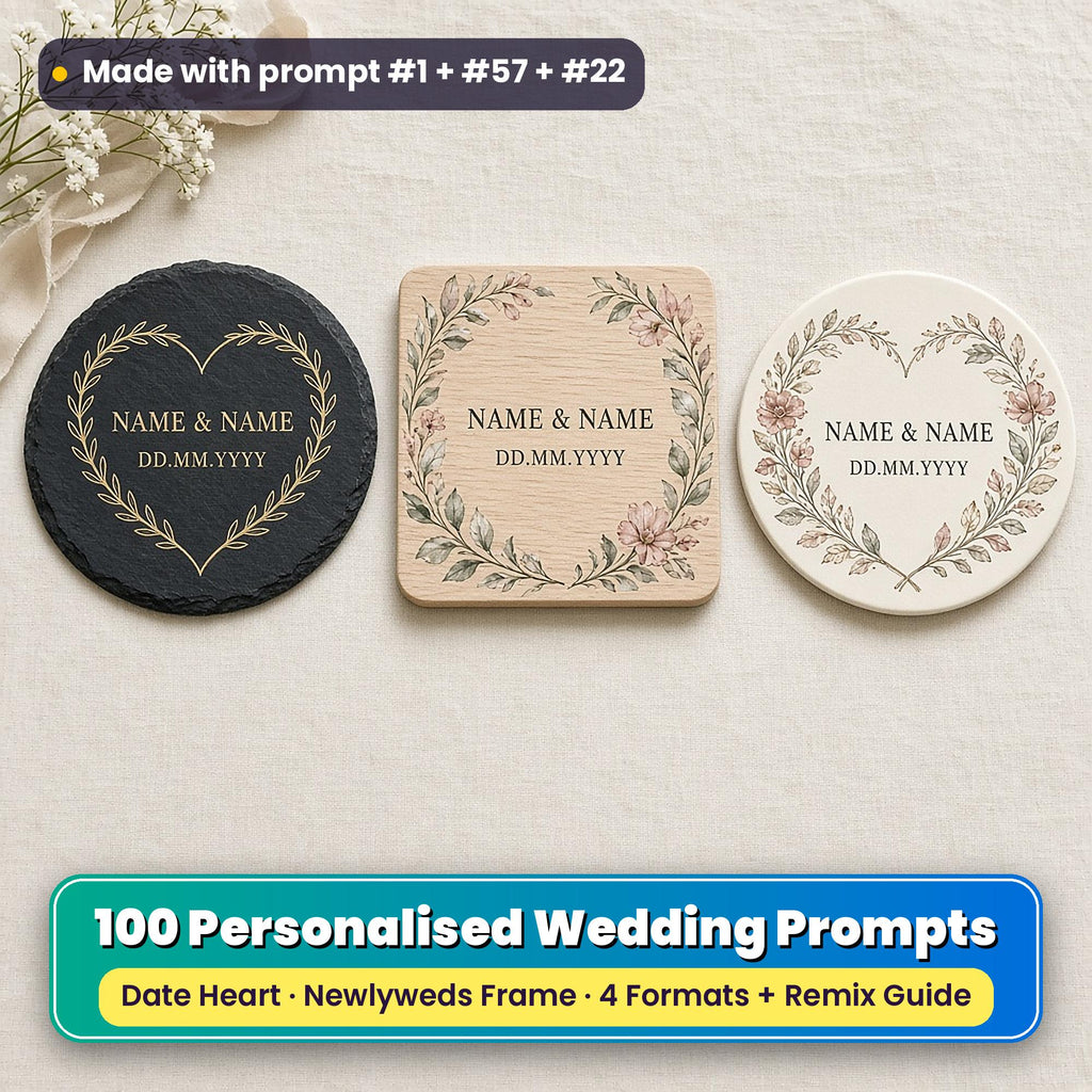 Three personalised wedding coasters on ivory linen: a slate coaster with a gold laurel heart, a beech coaster with a watercolour floral frame and a ceramic coaster with a gilded botanical heart, each reading NAME & NAME and DD.MM.YYYY as placeholder text, made with prompt #1 + #57 + #22