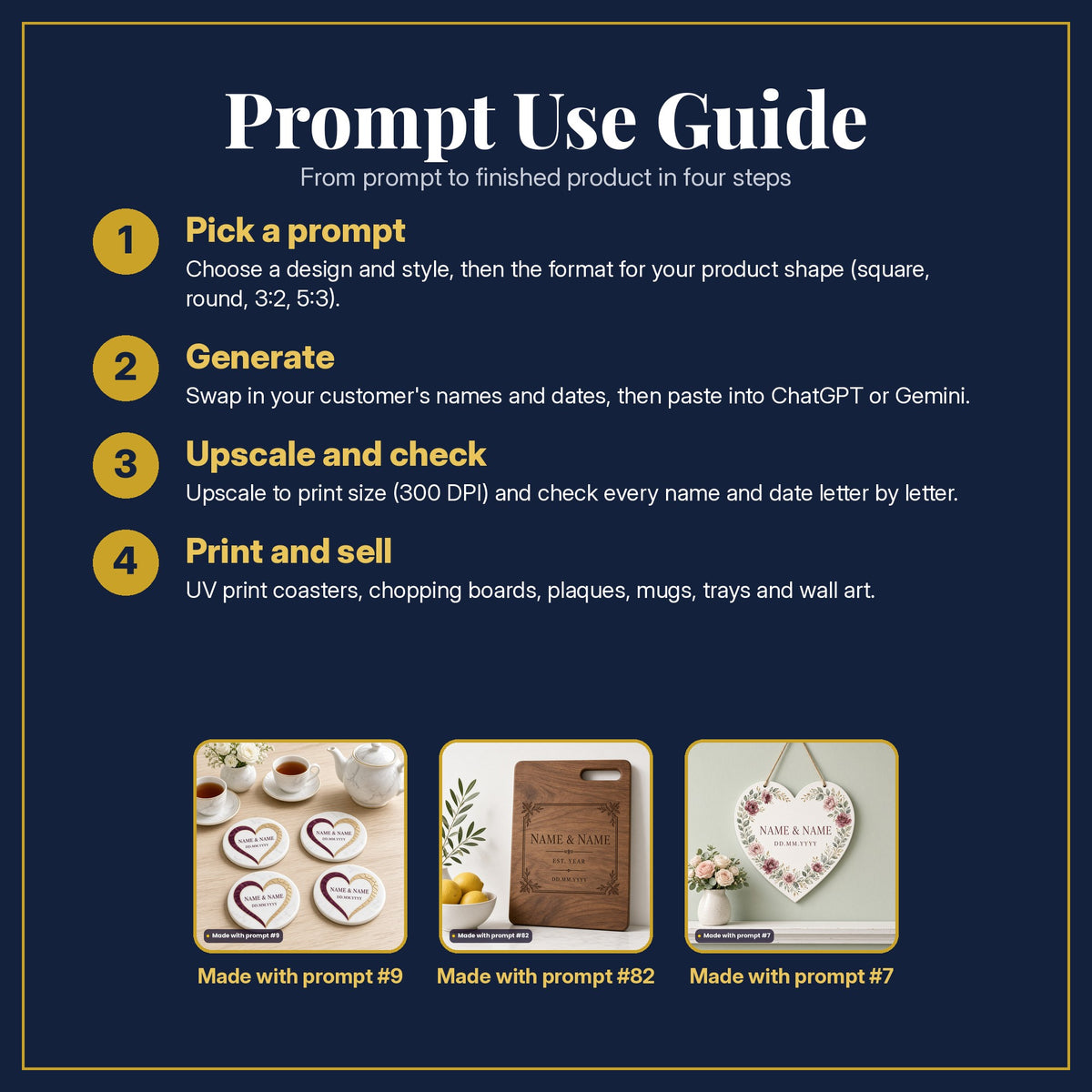 Prompt Use Guide in four steps: pick a prompt, generate, upscale and check, print and sell, with example products made with prompt #9, prompt #82, prompt #7