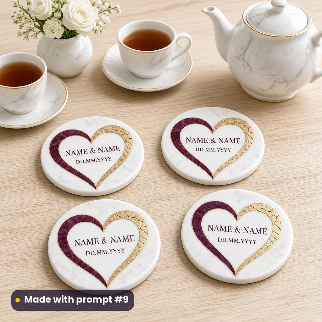 Four round marble-effect coasters printed with a plum and gold marble inlay heart around NAME & NAME and DD.MM.YYYY placeholder text, beside a teapot and teacups, made with prompt #9