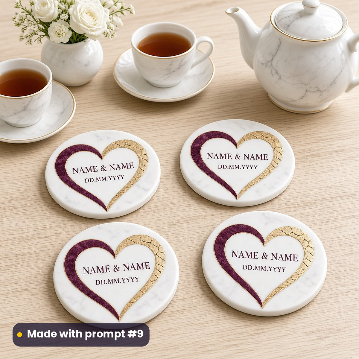 Four round marble-effect coasters printed with a plum and gold marble inlay heart around NAME & NAME and DD.MM.YYYY placeholder text, beside a teapot and teacups, made with prompt #9