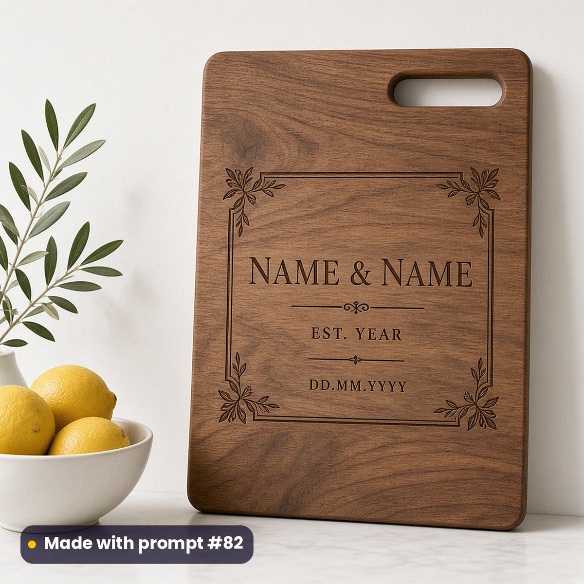 Walnut chopping board engraved with a leaf-cornered frame around NAME & NAME, EST. YEAR and DD.MM.YYYY placeholder text, beside a bowl of lemons, made with prompt #82