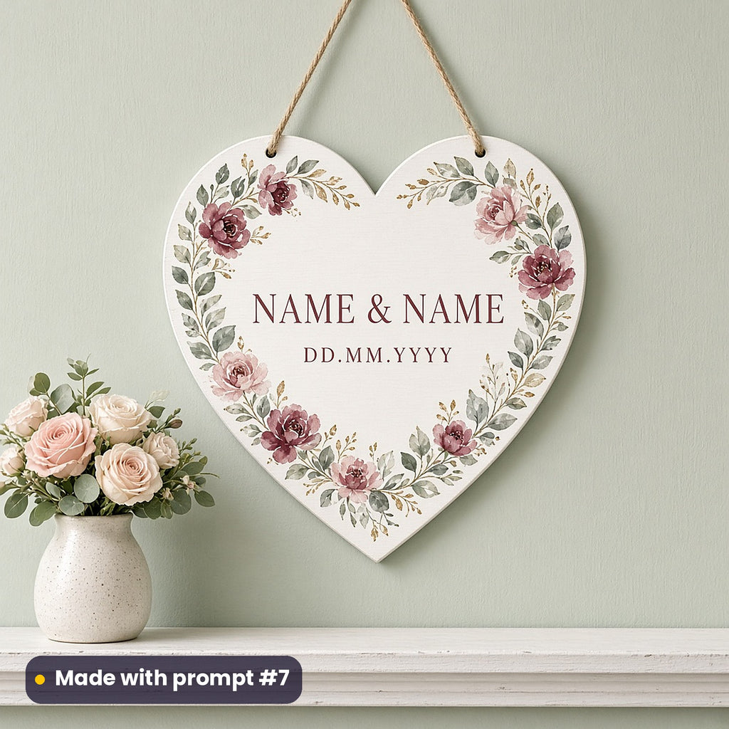 Heart-shaped white plaque printed with watercolour burgundy roses around NAME & NAME and DD.MM.YYYY placeholder text, on a sage wall, made with prompt #7
