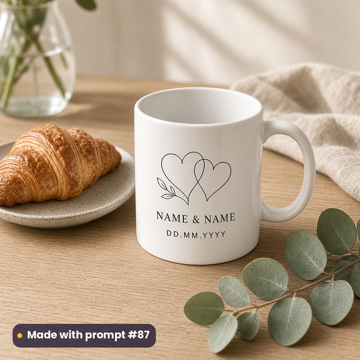 White mug printed with fine line-art interlinked hearts above NAME & NAME and DD.MM.YYYY placeholder text, beside a croissant, made with prompt #87