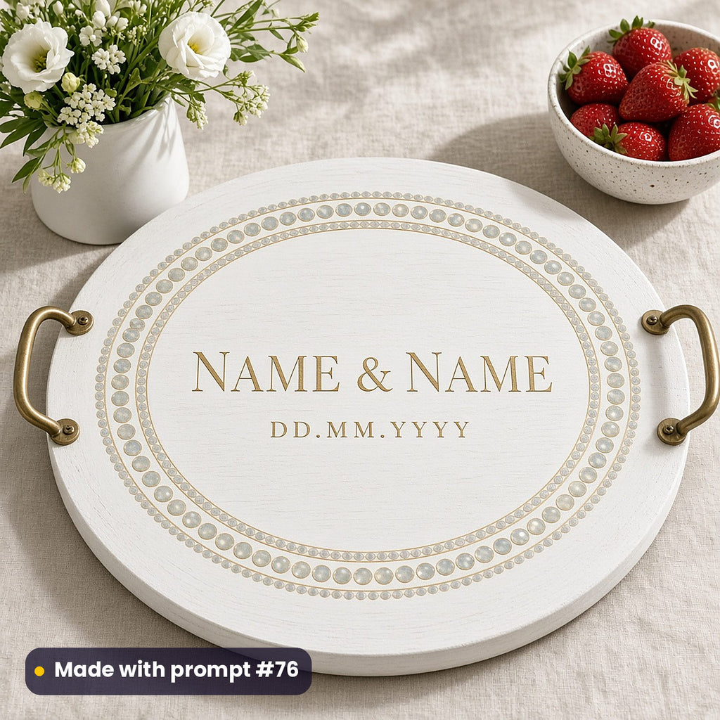 Round white tray with brass handles printed with a pearl-dot and gold oval frame around NAME & NAME and DD.MM.YYYY placeholder text, beside strawberries, made with prompt #76