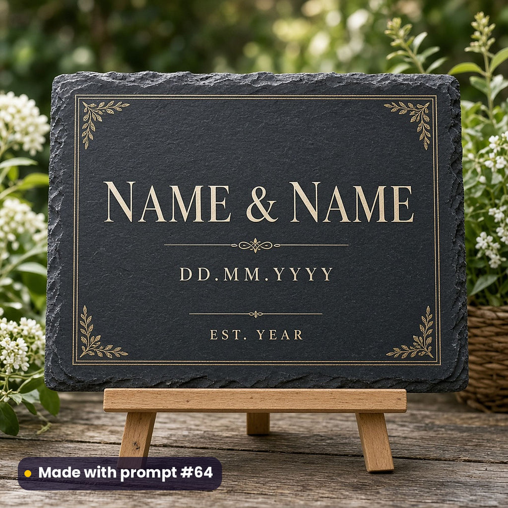 Dark slate sign on an easel printed in ivory and gold with a double-line frame around NAME & NAME, DD.MM.YYYY and EST. YEAR placeholder text, in a garden, made with prompt #64