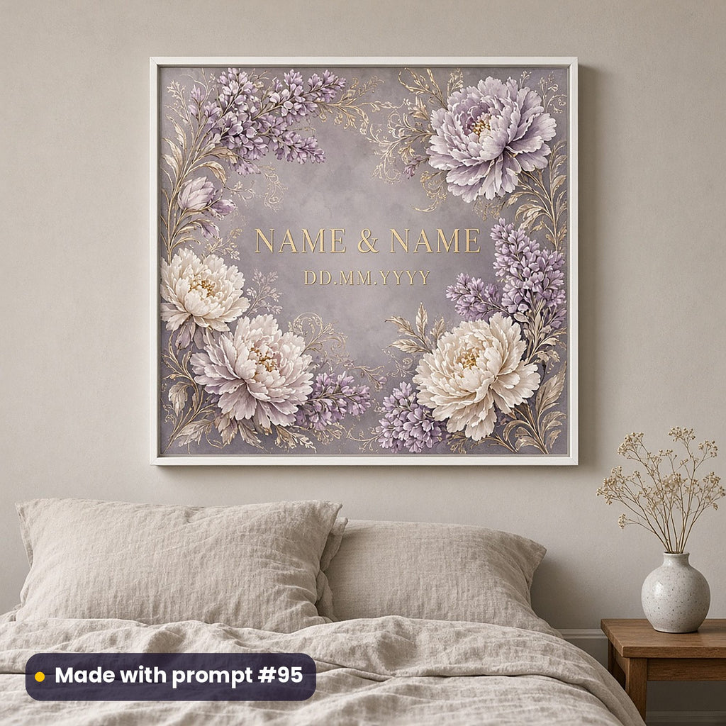 Framed wall art of lilac and pearl peonies around NAME & NAME and DD.MM.YYYY placeholder text, above a bed, made with prompt #95