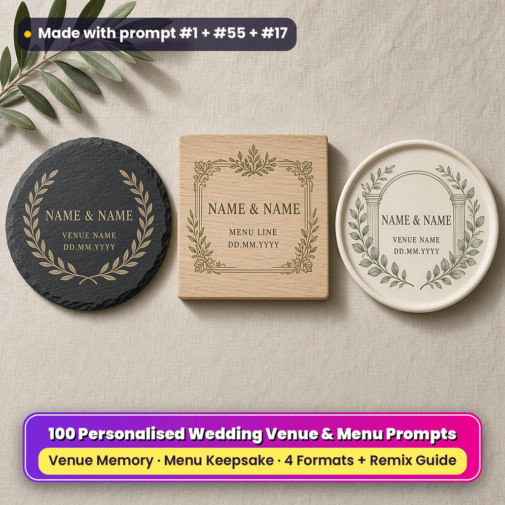 Three personalised wedding coasters on linen: a slate coaster with a gold laurel garland, an oak coaster with a botanical frame and a ceramic coaster with a eucalyptus arch, reading NAME & NAME, VENUE NAME or MENU LINE and DD.MM.YYYY as placeholder text, made with prompt #1 + #55 + #17