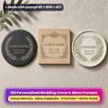 Three personalised wedding coasters on linen: a slate coaster with a gold laurel garland, an oak coaster with a botanical frame and a ceramic coaster with a eucalyptus arch, reading NAME & NAME, VENUE NAME or MENU LINE and DD.MM.YYYY as placeholder text, made with prompt #1 + #55 + #17