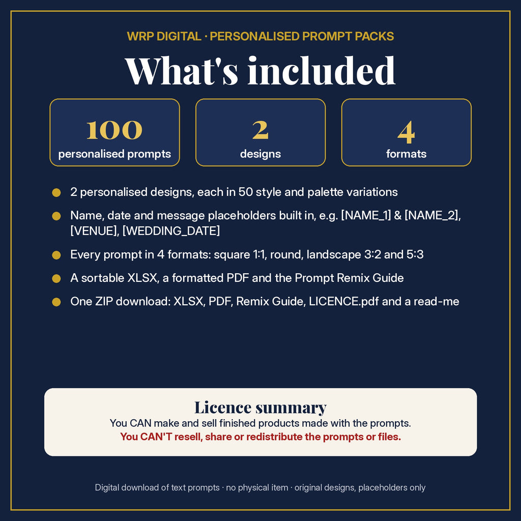 What's included: 100 personalised prompts, 2 designs with name, date and message placeholders, 4 formats (square, round, 3:2, 5:3), XLSX and PDF, Prompt Remix Guide, ZIP, and a licence summary